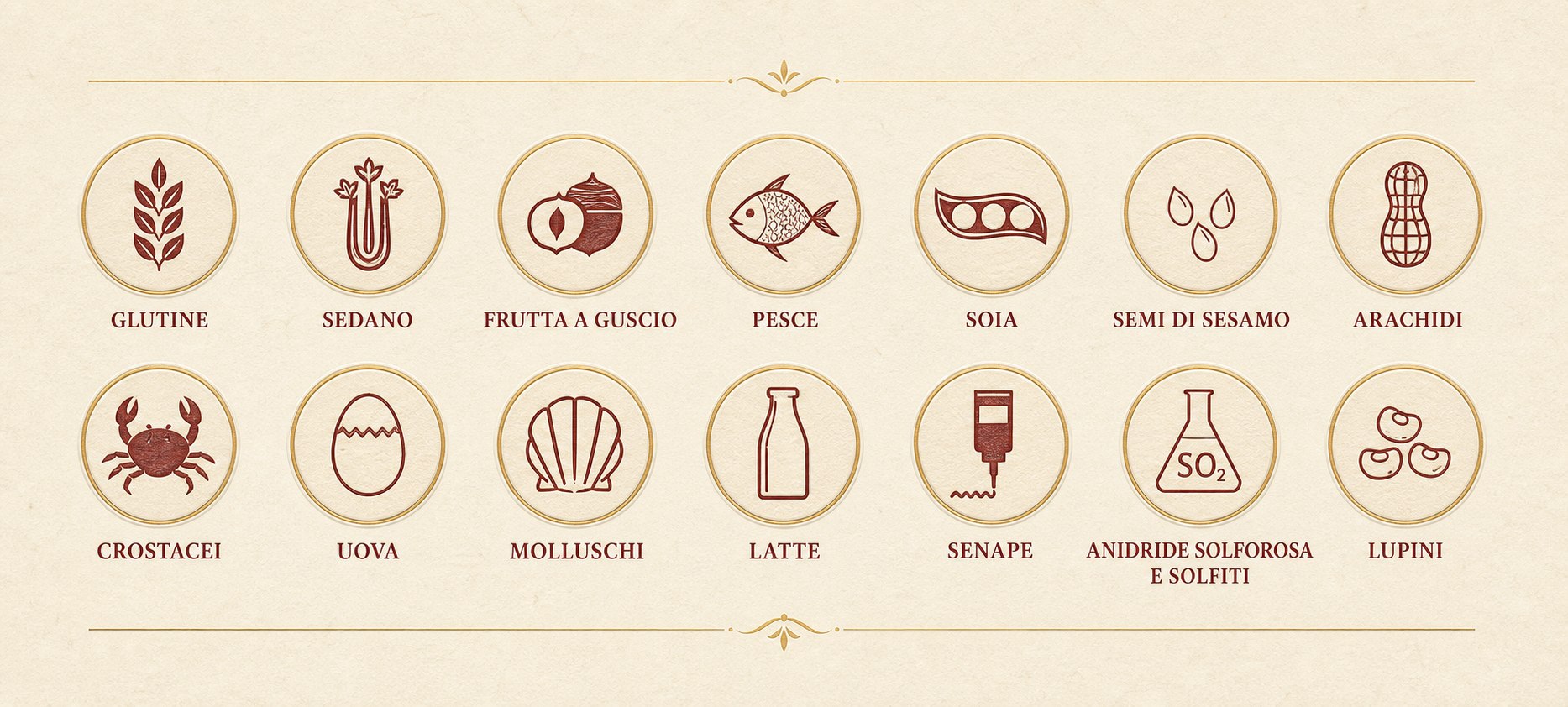 Schema degli allergeni: glutine, sedano, frutta a guscio, pesce, soia, semi di sesamo, arachidi, crostacei, uova, molluschi, latte, senape, anidride solforosa e solfiti, lupini.