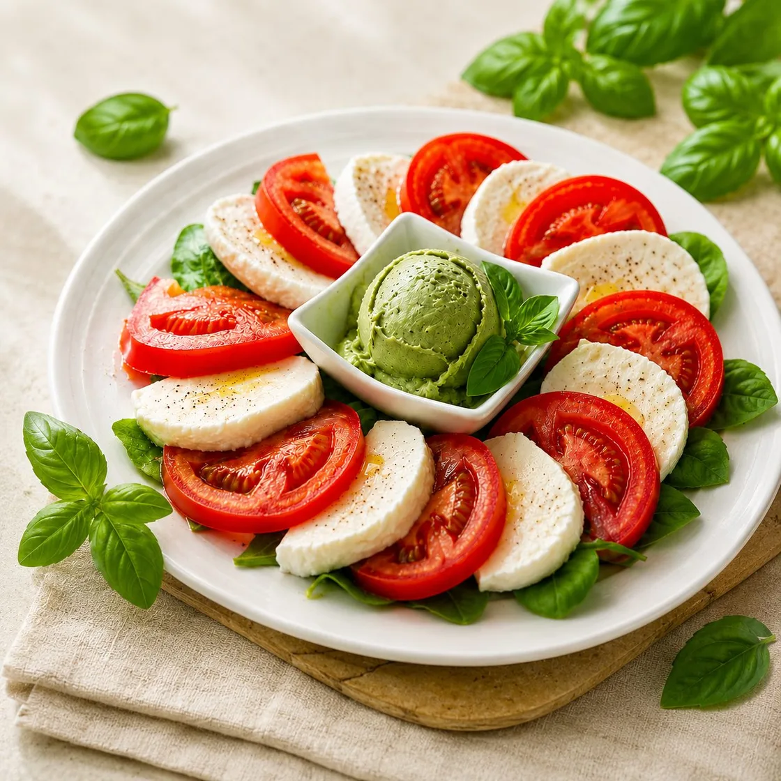 Piatto di caprese con pomodoro, mozzarella e una quenelle di gelato al basilico