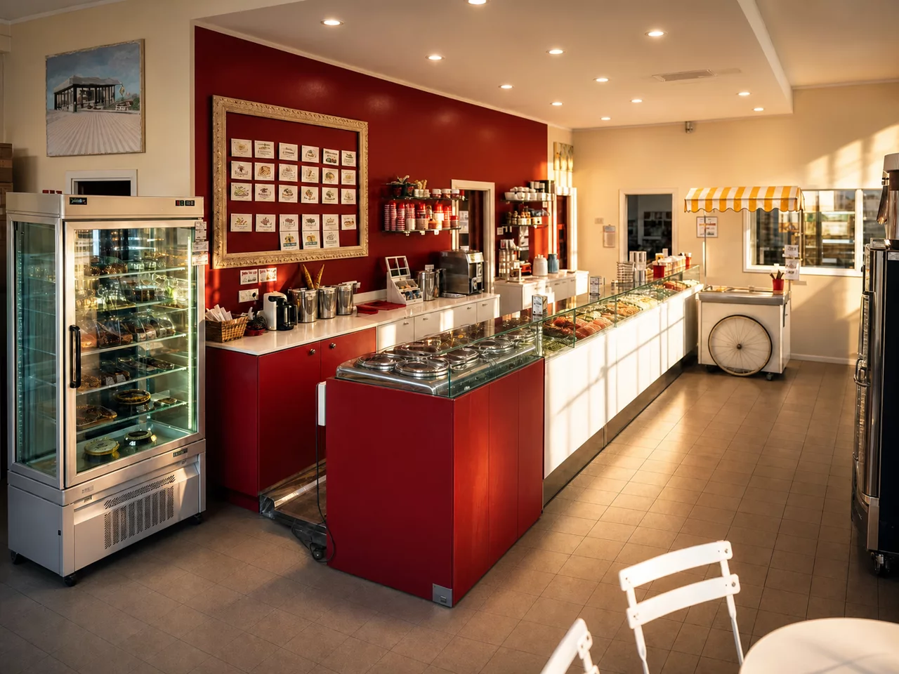Il banco della Gelateria Fainello con i pozzetti dei gusti