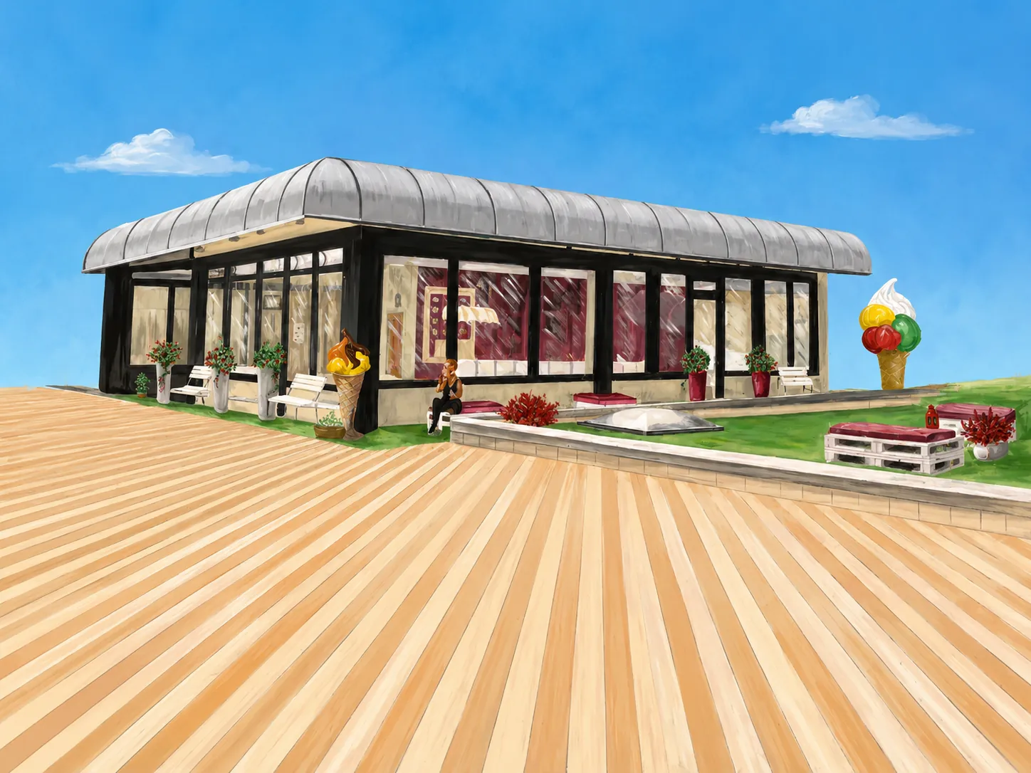 Illustrazione dipinta del chiosco Fainello: la struttura vetrata con il tetto a botte, il grande cono decorativo e il deck in legno davanti all’ingresso